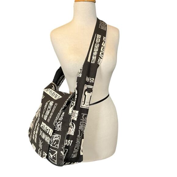 Shoulder Bag Black White Boho Messenger Bag Large Travel Cotton Multiple Zippers - Picture 1 of 16